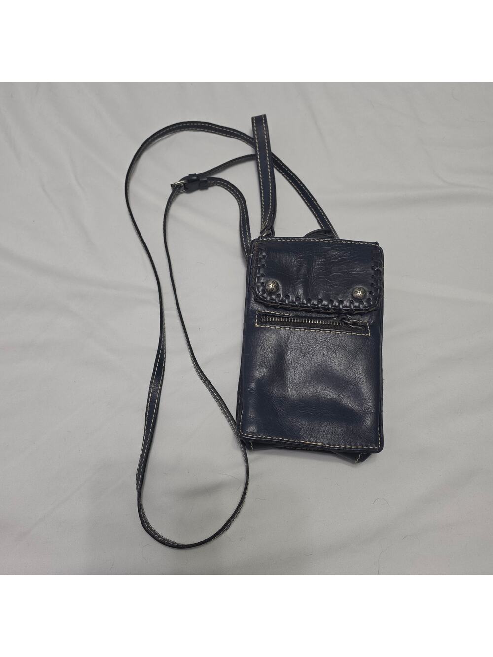 Patricia Nash Navy Leather Whipstitch Crossbody Wallet Phone Bag Boho Western